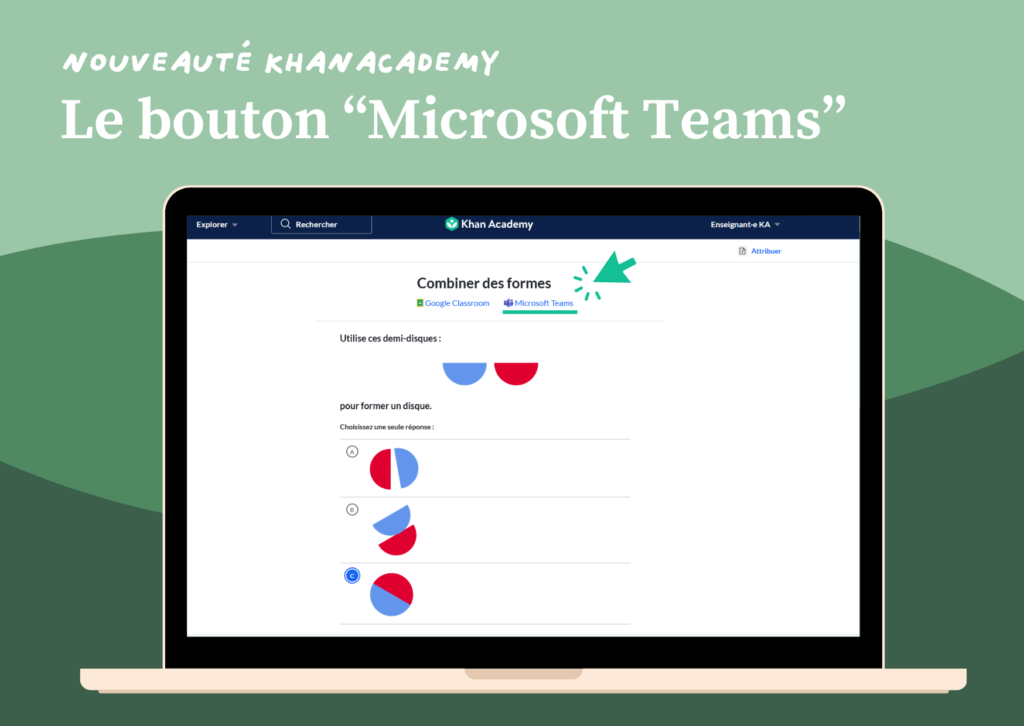 capture d'écran de la plateforme khan academy qui indique où se trouve le bouton Microsoft Teams