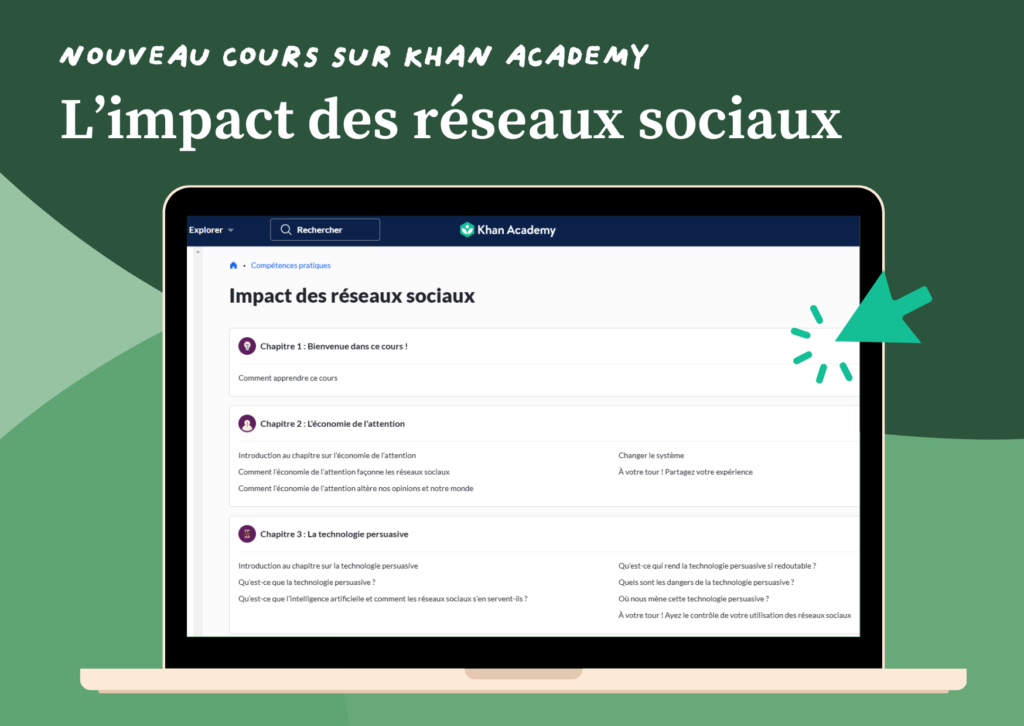 capture d'écran du contenu de la plateforme Khan Academy sur l'impact des réseaux sociaux